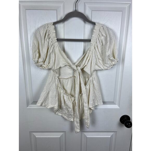 Altar'd State Kinsley Babydoll Top Tie Back White Brushed Cotton Gauzy Medium - Picture 6 of 6